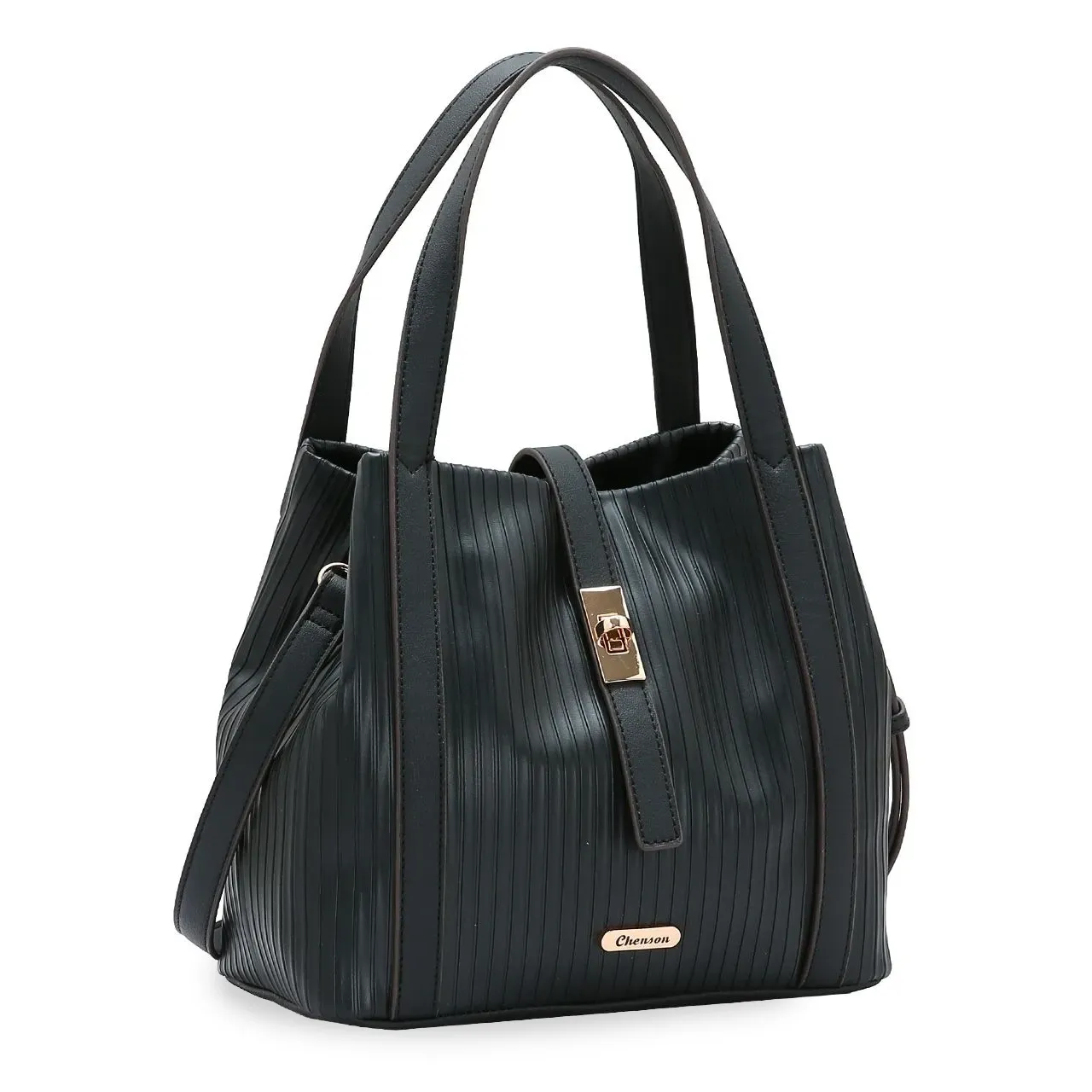 Bolsa feminina Chenson Atemporal preta com textura vertical, alças duplas e alça transversal ajustável, vista lateral